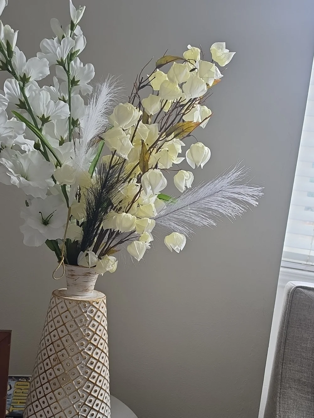 Cream and White Faux Floral Arrangement in Decorative Ceramic Vase